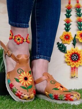 Women’s Tan Floral Embroidered Leather Sandals